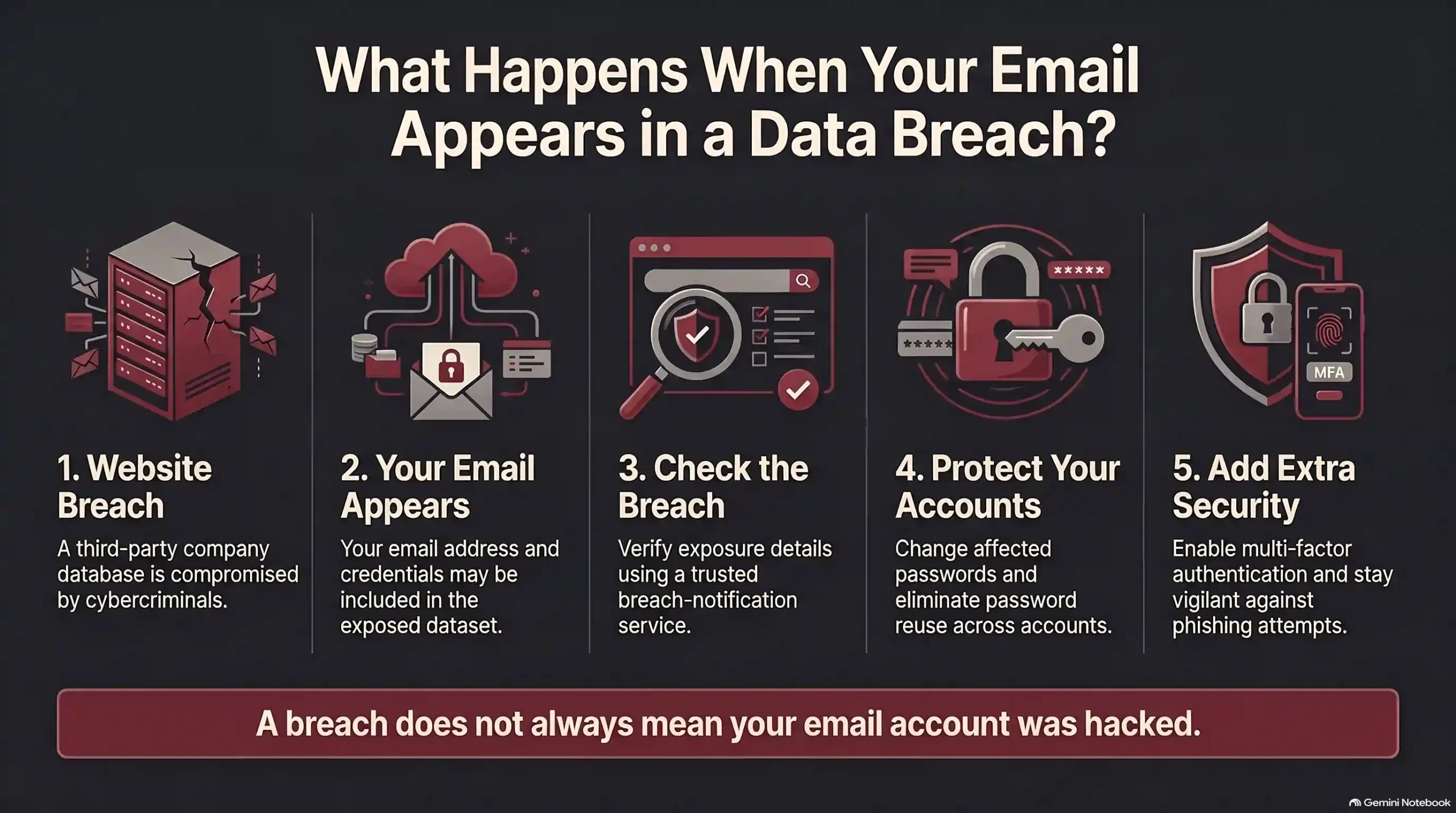 Infographic: What happens when your email appears in a data breach, in five steps - a website is breached, your email appears in the stolen data, you check the breach, you protect your accounts by changing passwords, and you add extra security with multi-factor authentication