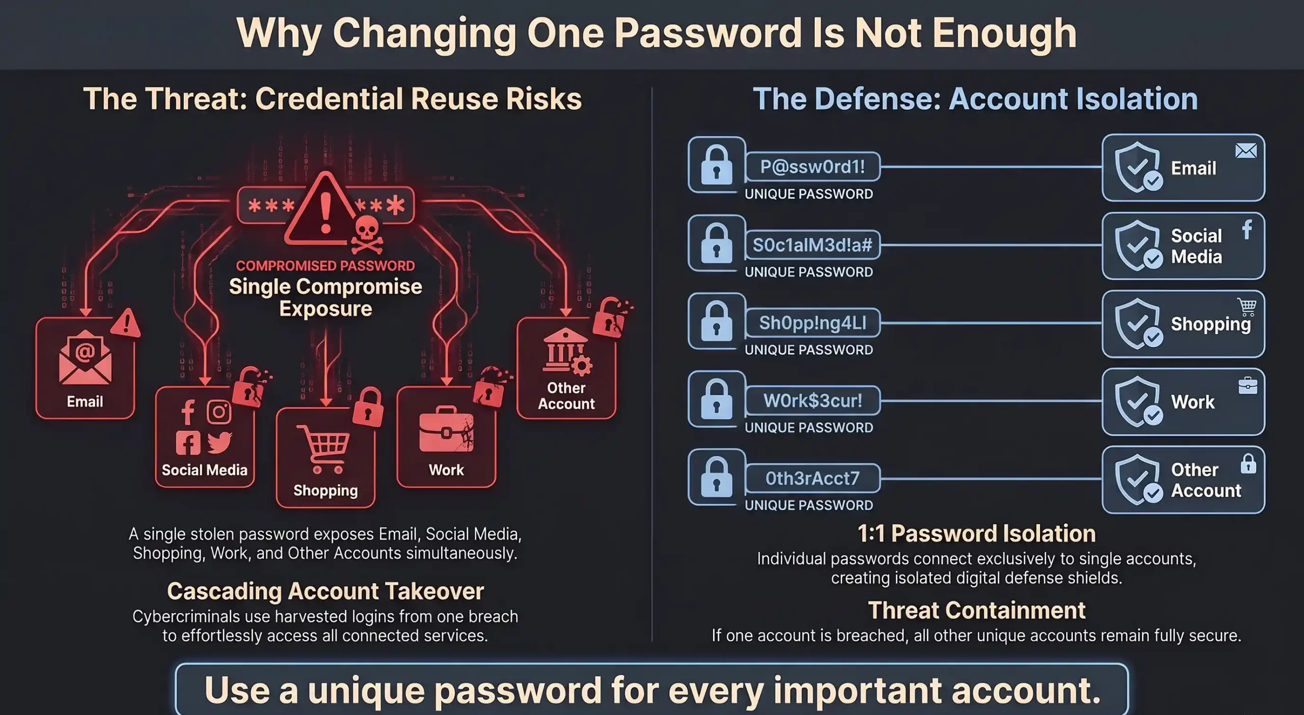 Infographic: Why changing one password is not enough - on the left, one stolen password exposes email, social media, shopping, work and other accounts at once; on the right, a unique password for each account keeps every other account safe