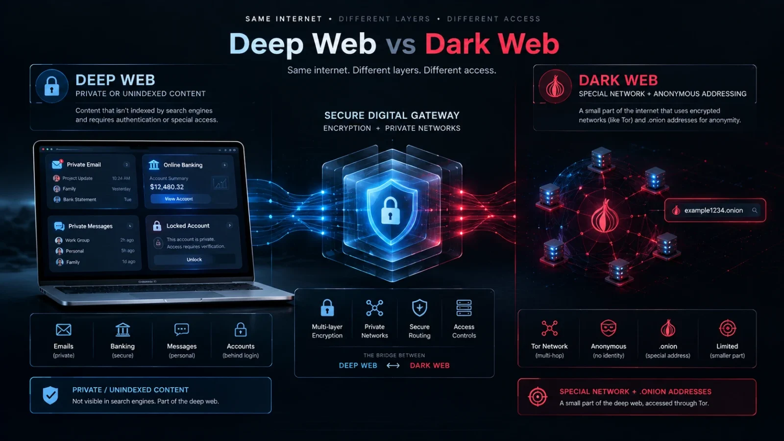 Deep web vs dark web comparison chart - the deep web holds private email, banking and messages behind logins, while the dark web uses the Tor network and .onion addresses