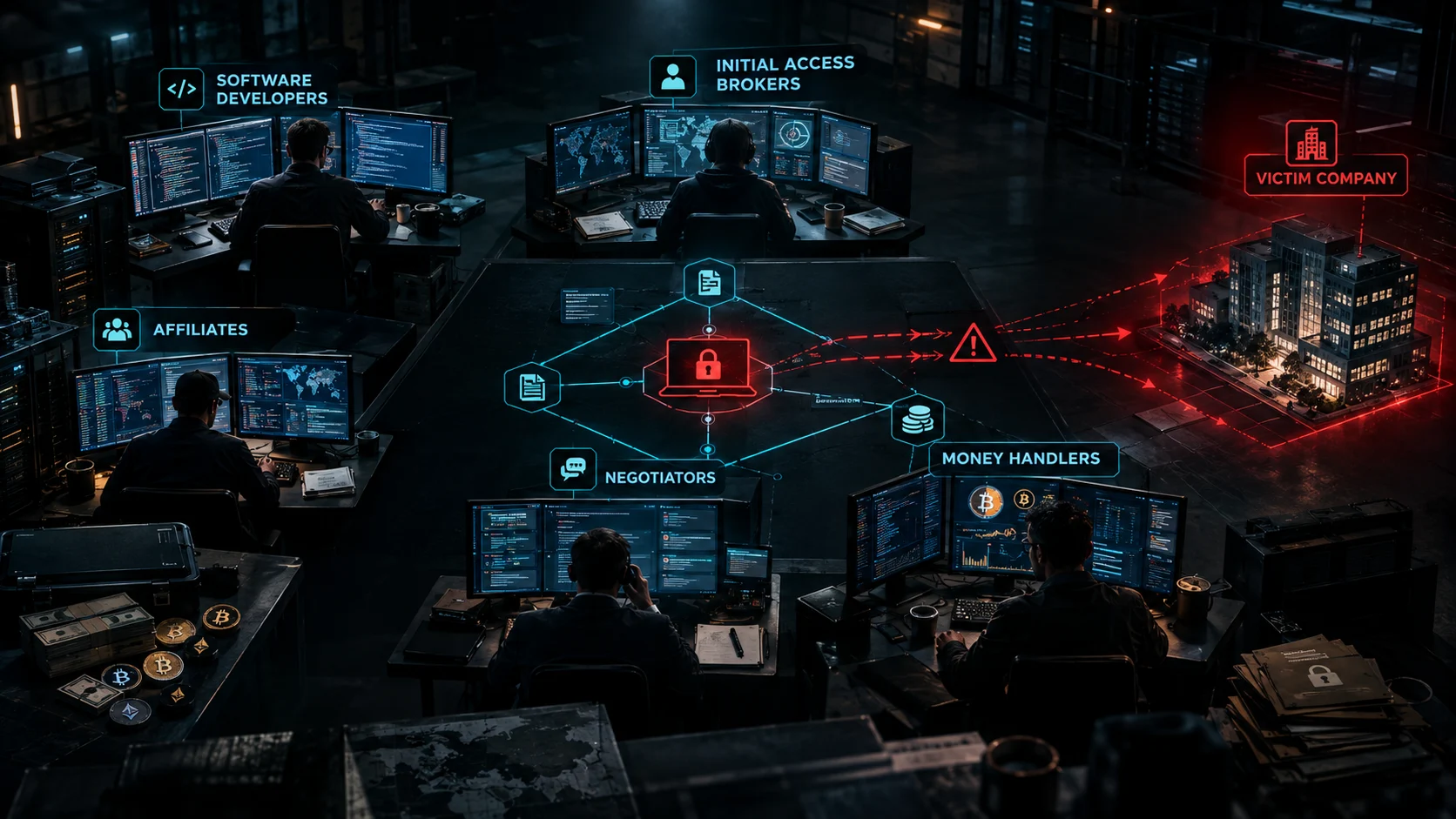 How do ransomware gangs work - chart showing developers, affiliates, initial access brokers, negotiators and money handlers attacking a victim company