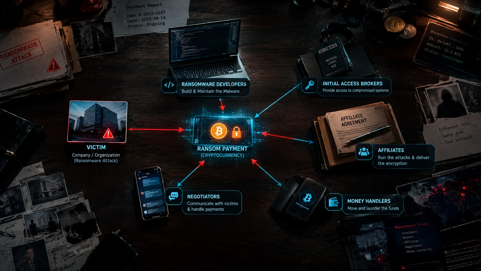 How do ransomware gangs work with money - crypto ransom payment flowing between the victim, affiliates, developers, negotiators and money handlers
