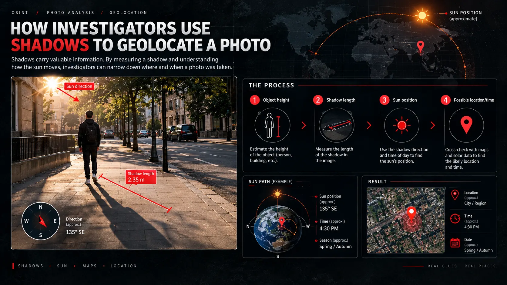 How to find where a photo was taken using shadows - shadow length and direction used to work out the sun position, time of day and likely location