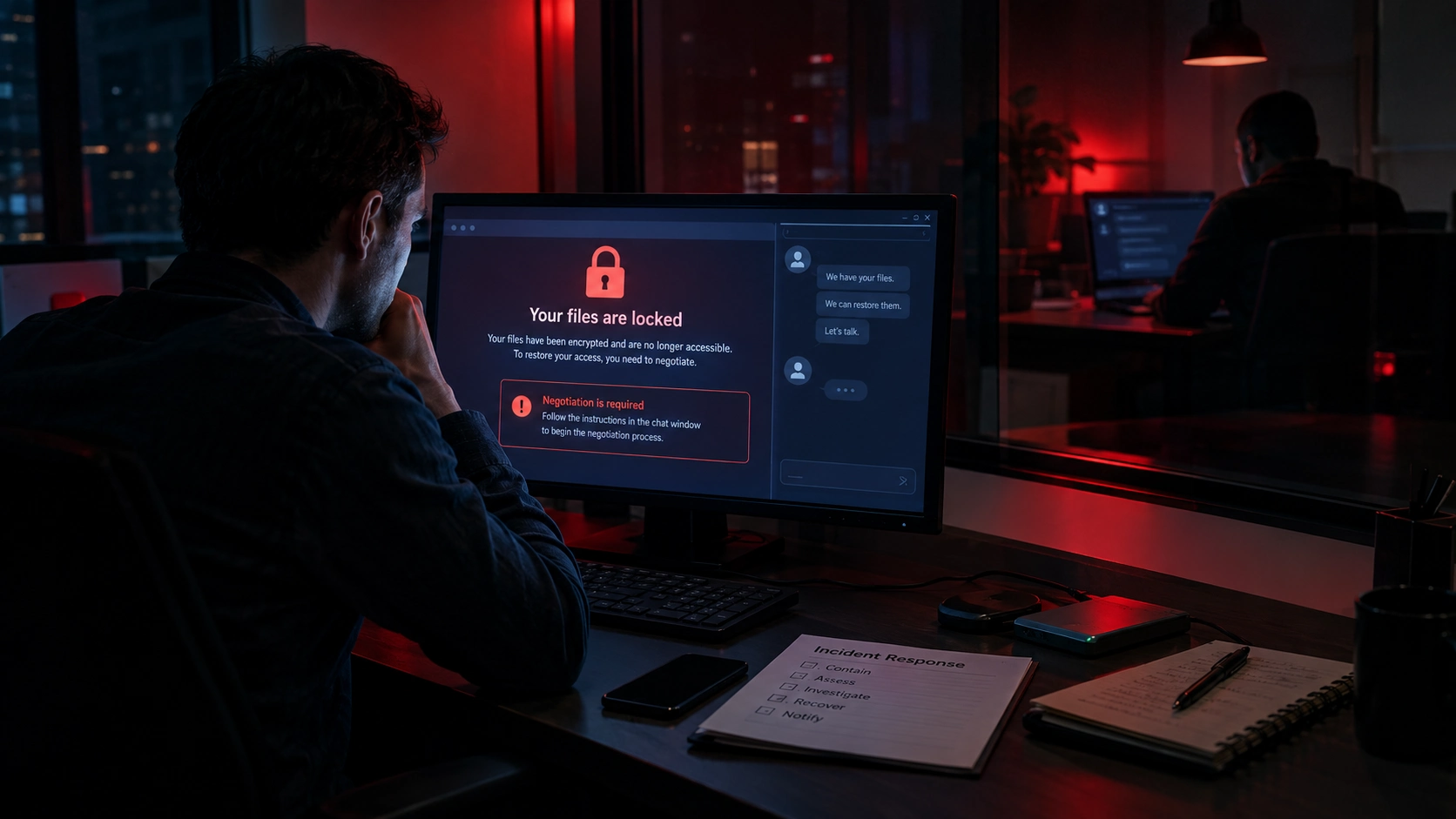 How do ransomware gangs work during a ransom chat - a locked screen ransom note next to a negotiation chat window and an incident response checklist