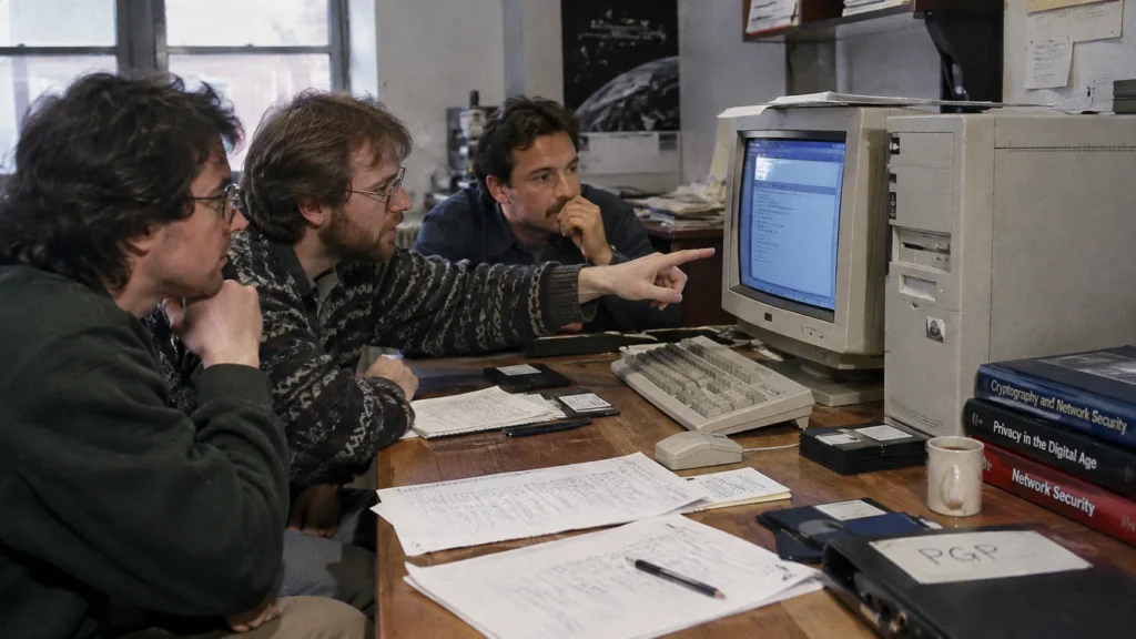 Three people in a 1990s office looking at an old computer screen next to a PGP folder and books about cryptography