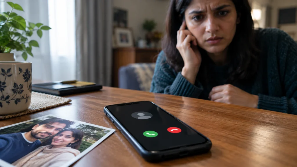 Woman getting a scary phone call next to a family photo, a common sign of a fake family emergency call