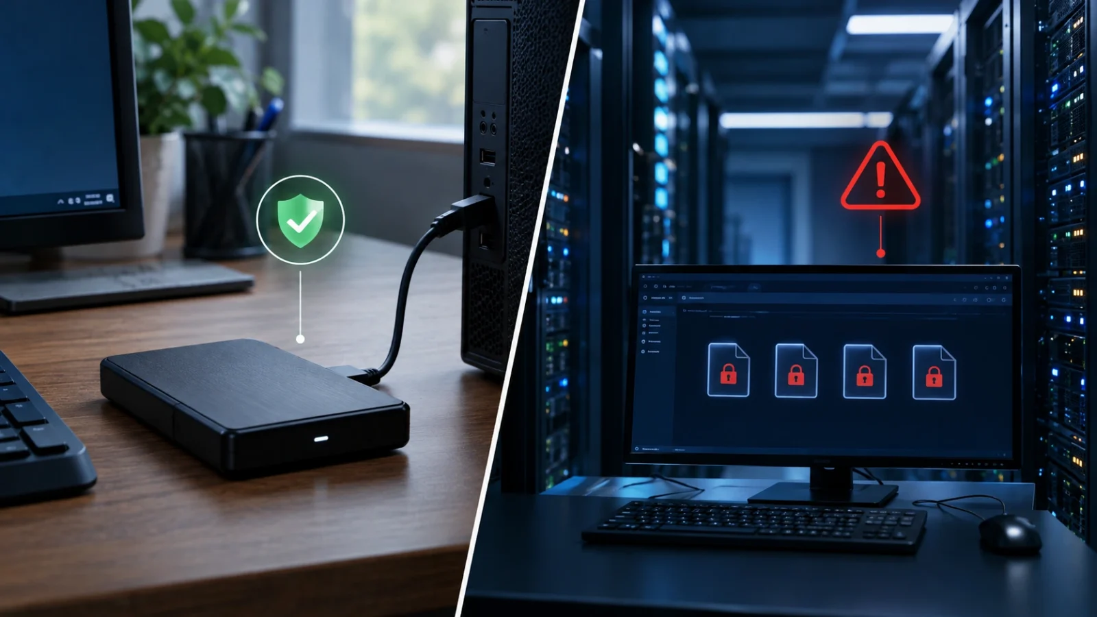 Dark web exit scam concept: a safe-looking setup on one side and a red warning alert with locked files on the other