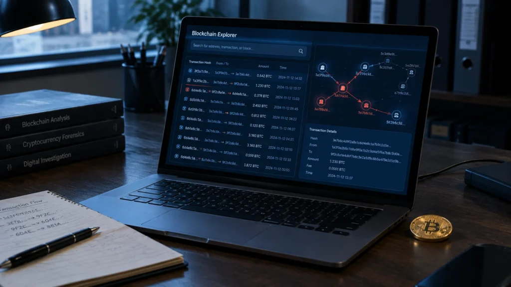 Laptop showing a blockchain explorer with a list of Bitcoin transactions and a web of connected wallet addresses