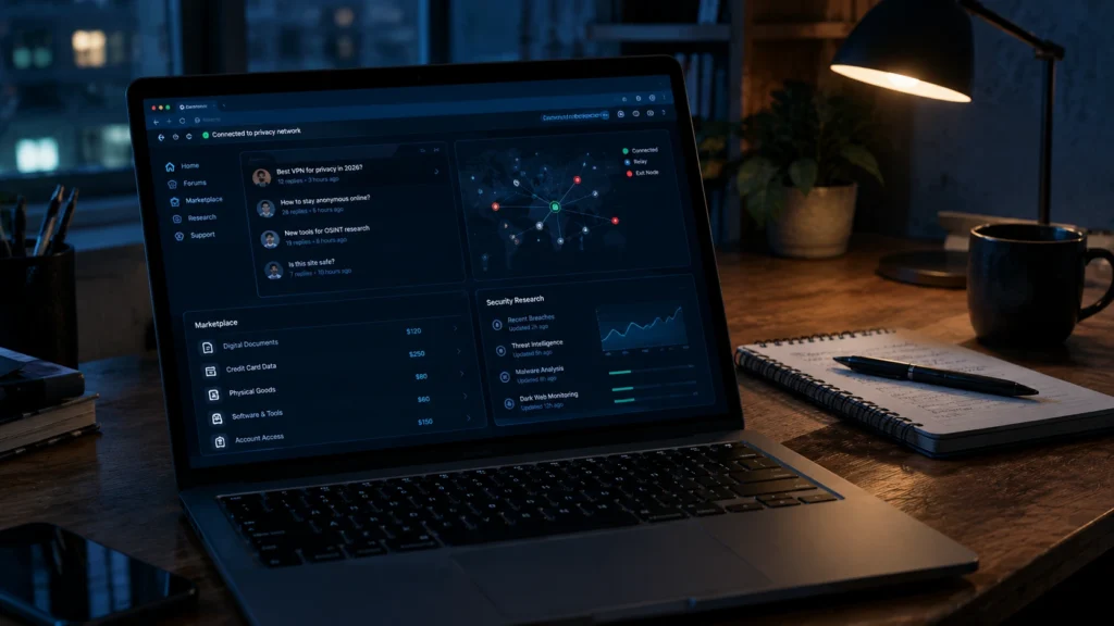 What is on the dark web: a laptop at night showing forums, marketplace listings, and a security map on a dark screen