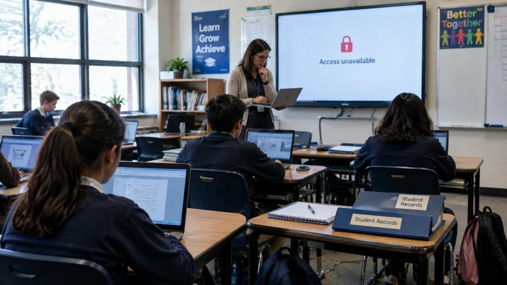 Classroom screen showing Access unavailable during a school cyber attack while the teacher and students wait with their laptops