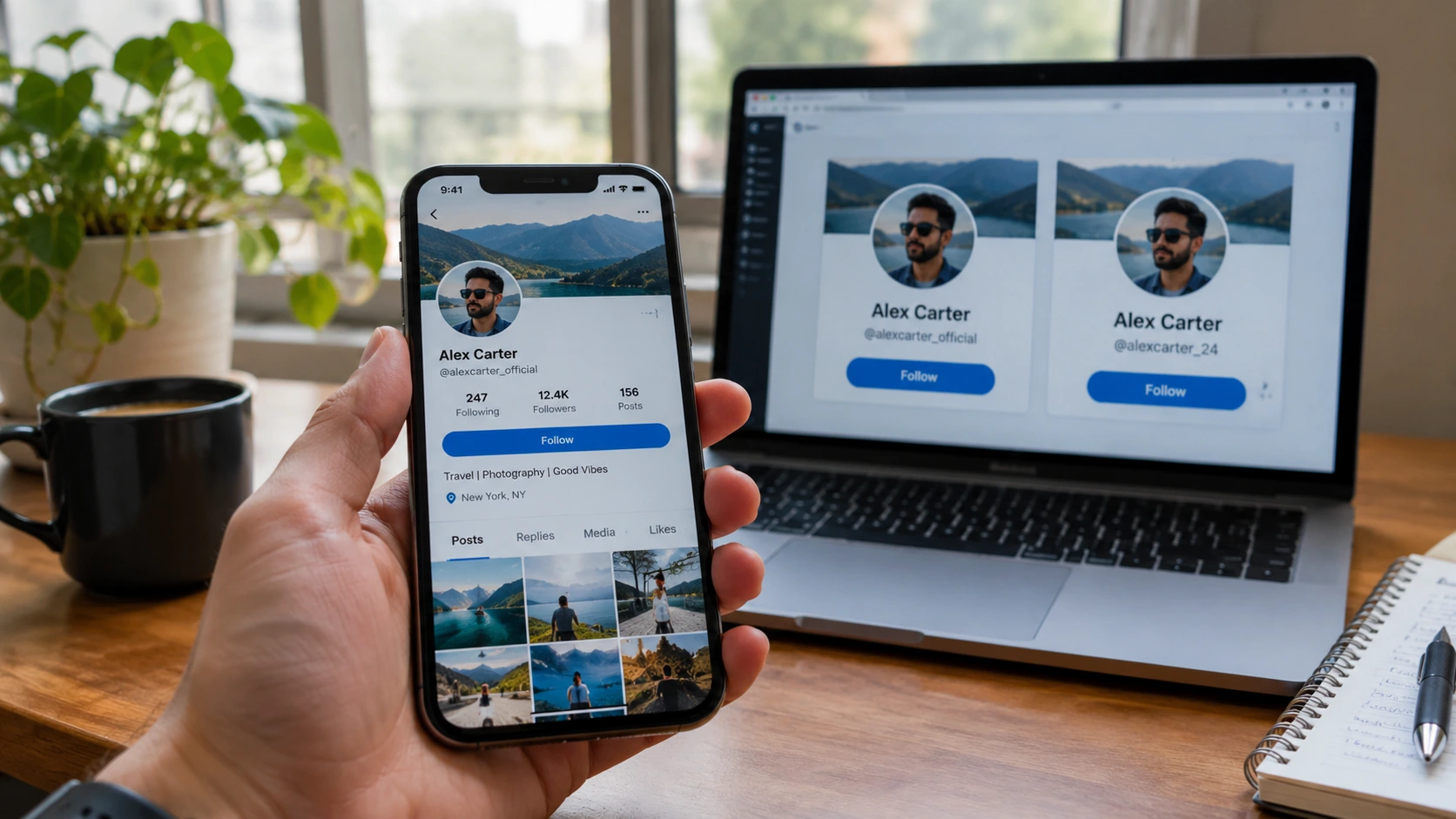 The same profile photo appearing on two different social media profiles on a phone and a laptop, a sign the picture may be copied