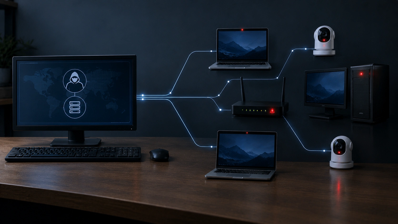 What is a botnet: one hacker computer controlling many infected laptops, cameras, routers and computers through a hidden network