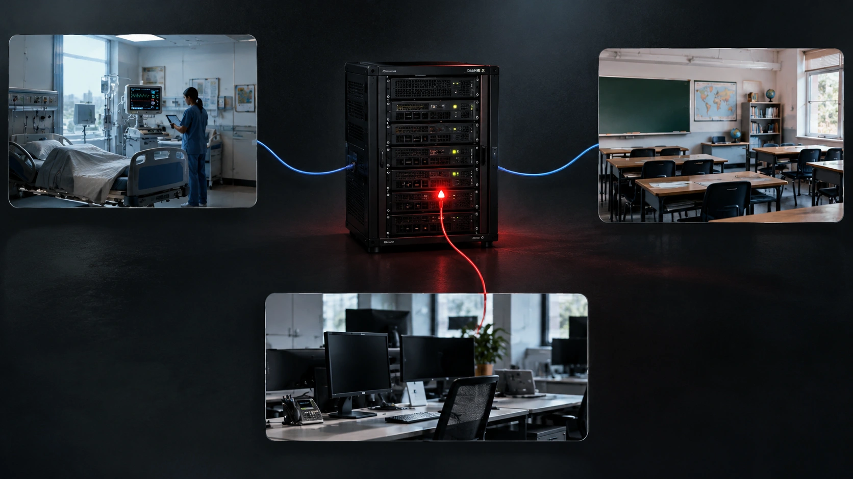 One hacked server connected to a hospital, a school, and an office, showing how one vendor breach can spread
