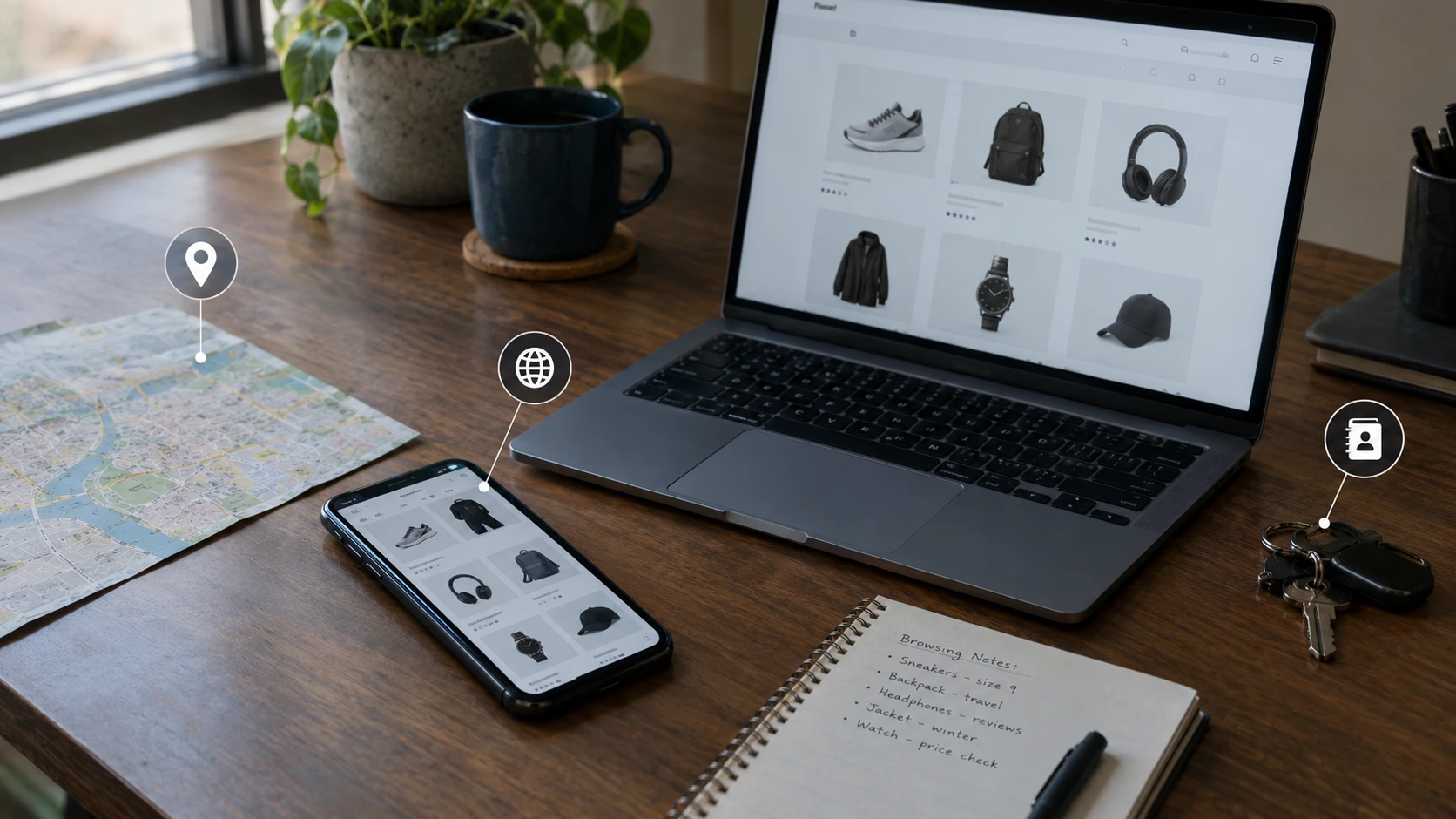 Phone, laptop, map, and keys with icons for web activity, location, and contacts used for ad tracking