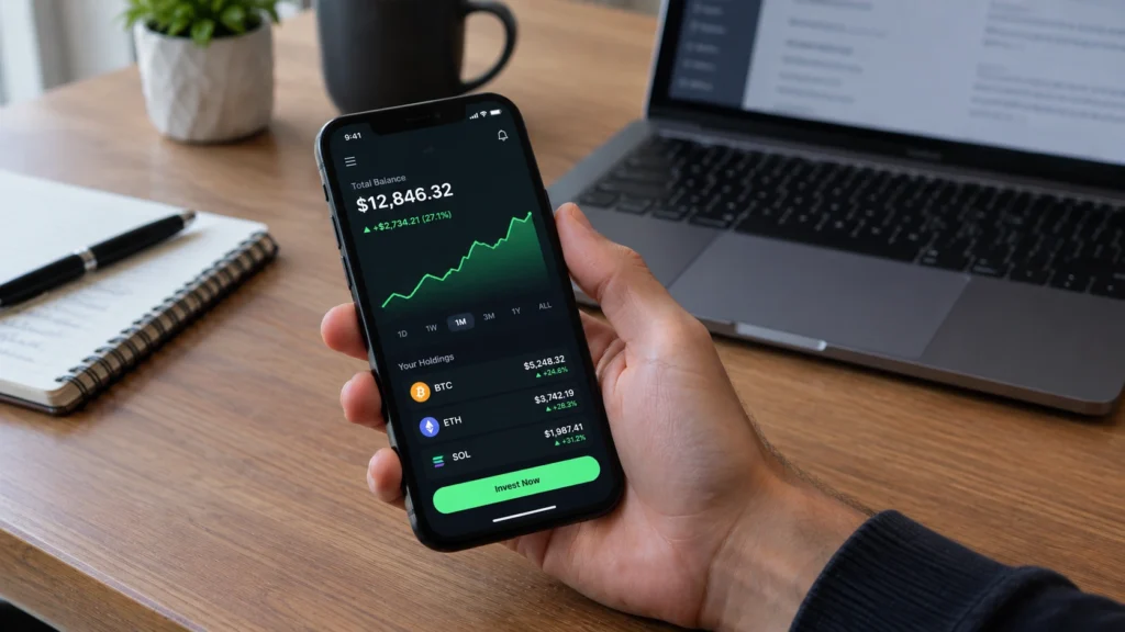 Fake crypto trading app showing fake profits on a phone, a common pig butchering scam trick