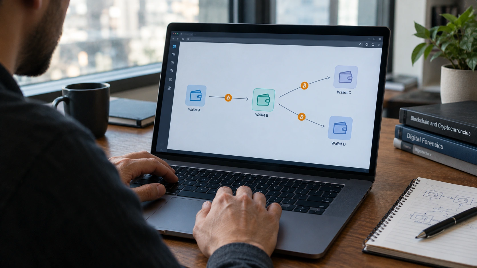 Laptop showing Bitcoin moving from one wallet to several others, explaining how users traced the missing Bitcoin after the Sheep Marketplace exit scam