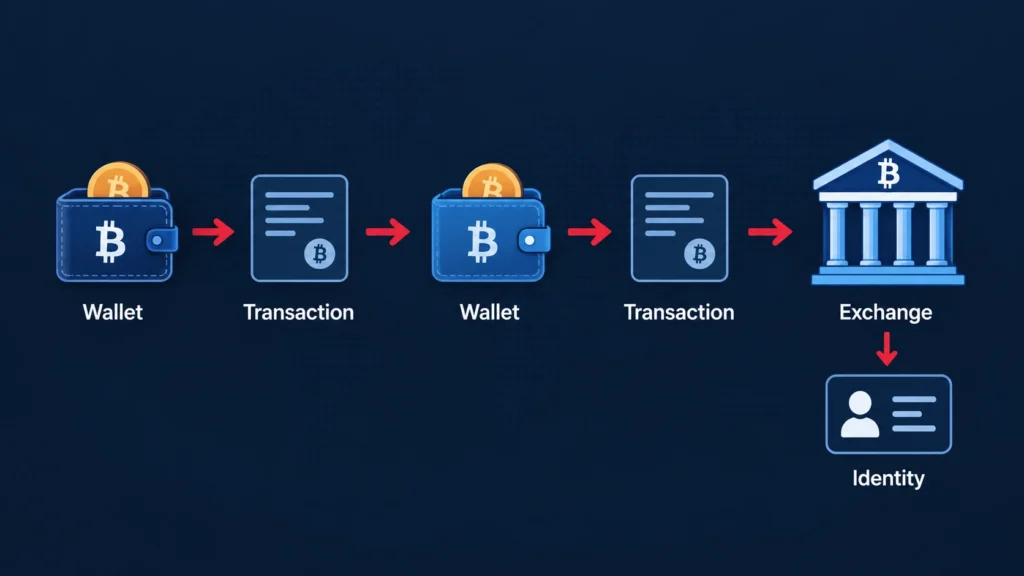 Can Bitcoin be traced? Diagram of Bitcoin moving from wallet to wallet and finally into a crypto exchange