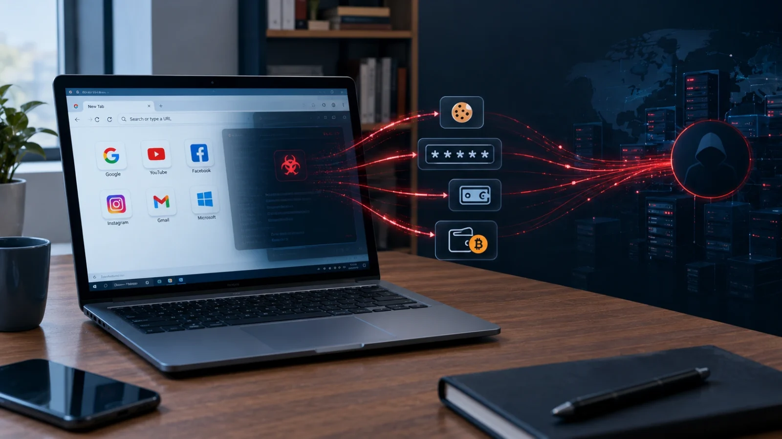 Malware sending stolen cookies, passwords and crypto wallet data from a laptop to a hacker