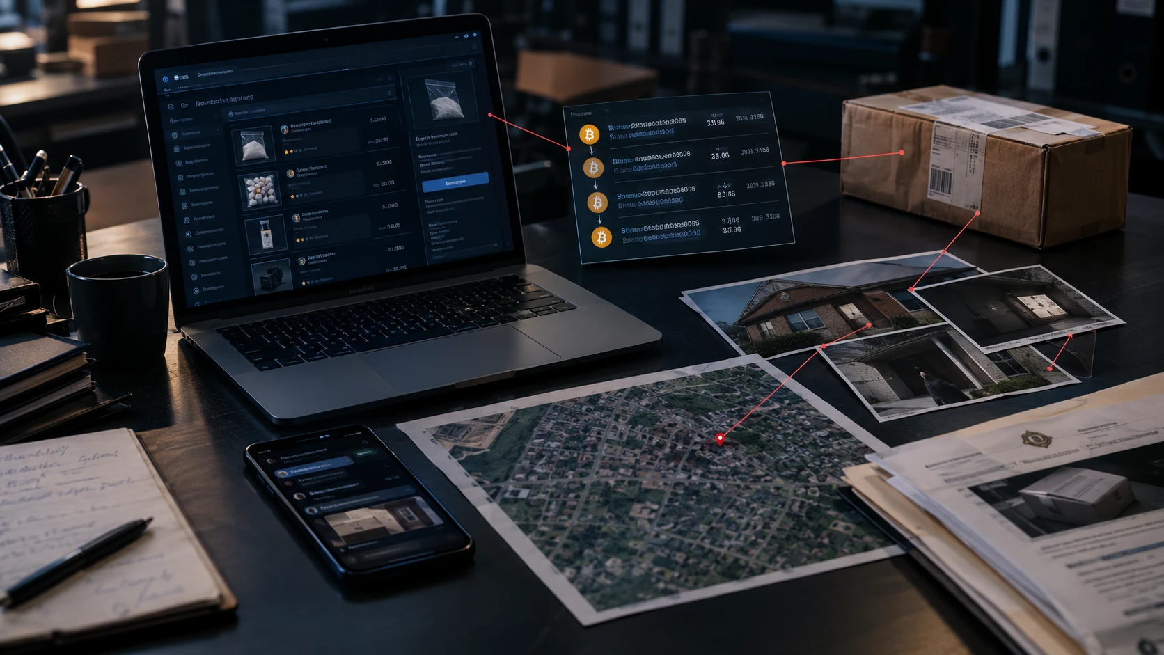 Evidence used to convict dark web criminals: a marketplace on a laptop, Bitcoin transactions, a parcel, house photos and a map linked by red lines