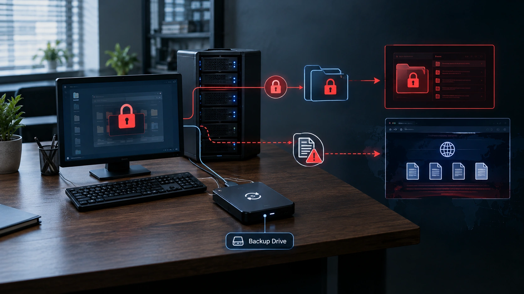Diagram of locked funds and files moving from a computer to a red warning screen, showing how escrow money can be taken