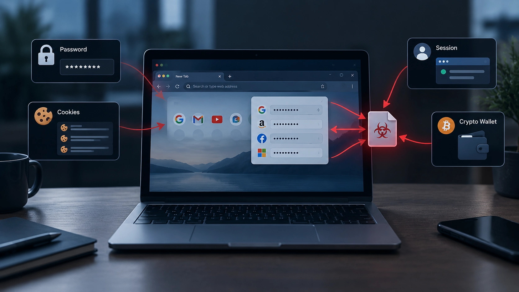 Malware stealing passwords, cookies, login sessions and crypto wallet data from a laptop browser, the first step of session hijacking