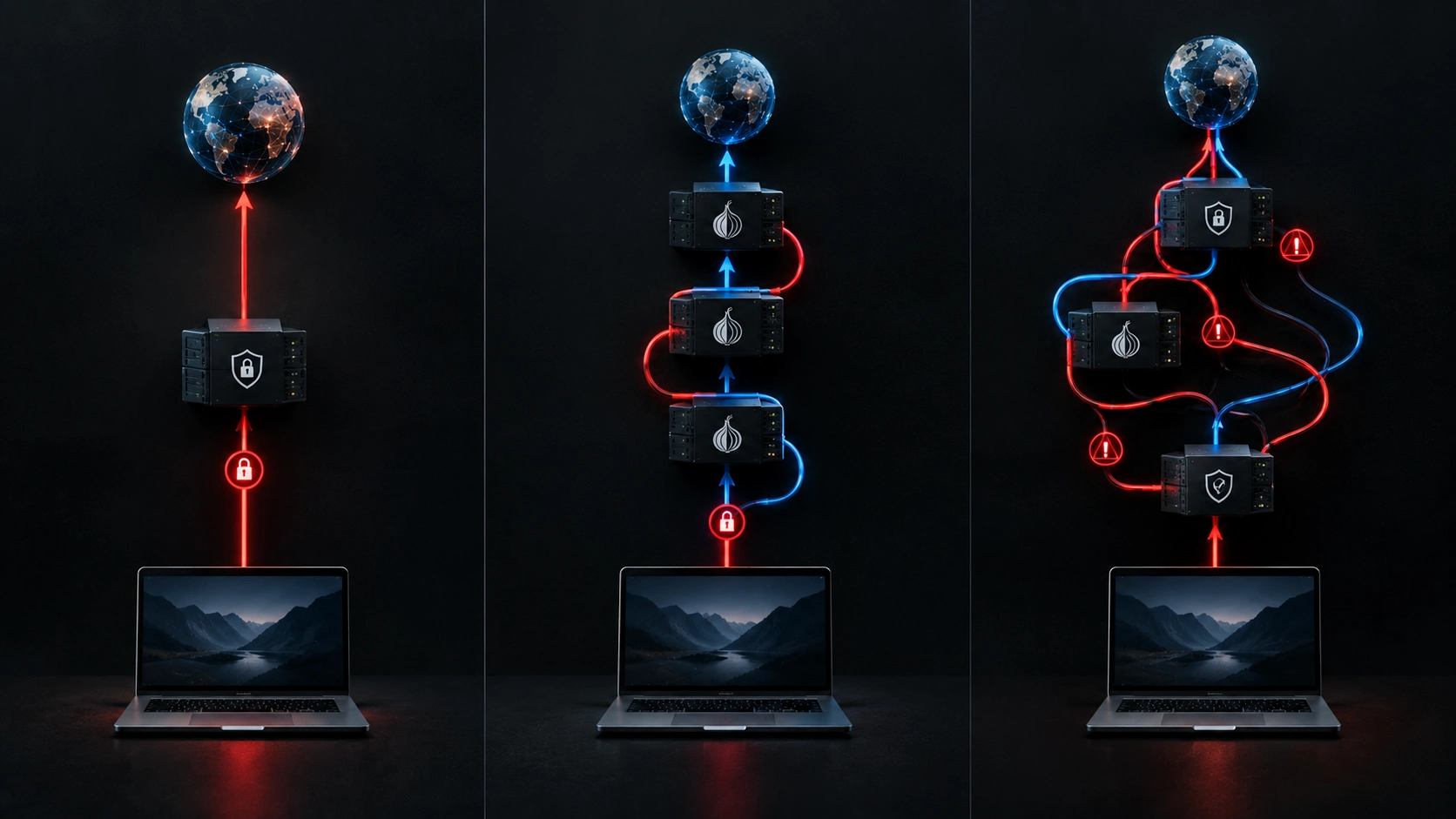 Three paths compared: a VPN with one server, Tor with three relays, and a messy Tor plus VPN setup with warning signs