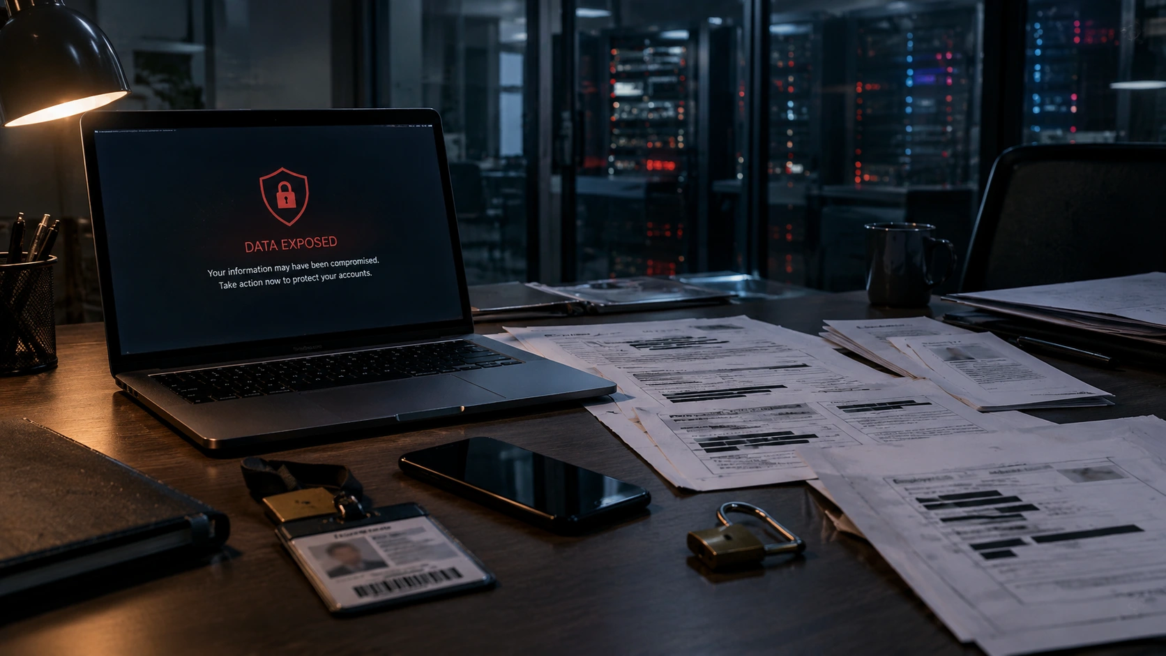 Laptop showing a data exposed warning next to an ID card and personal records, the kind of data leaked in the biggest data breaches 2026