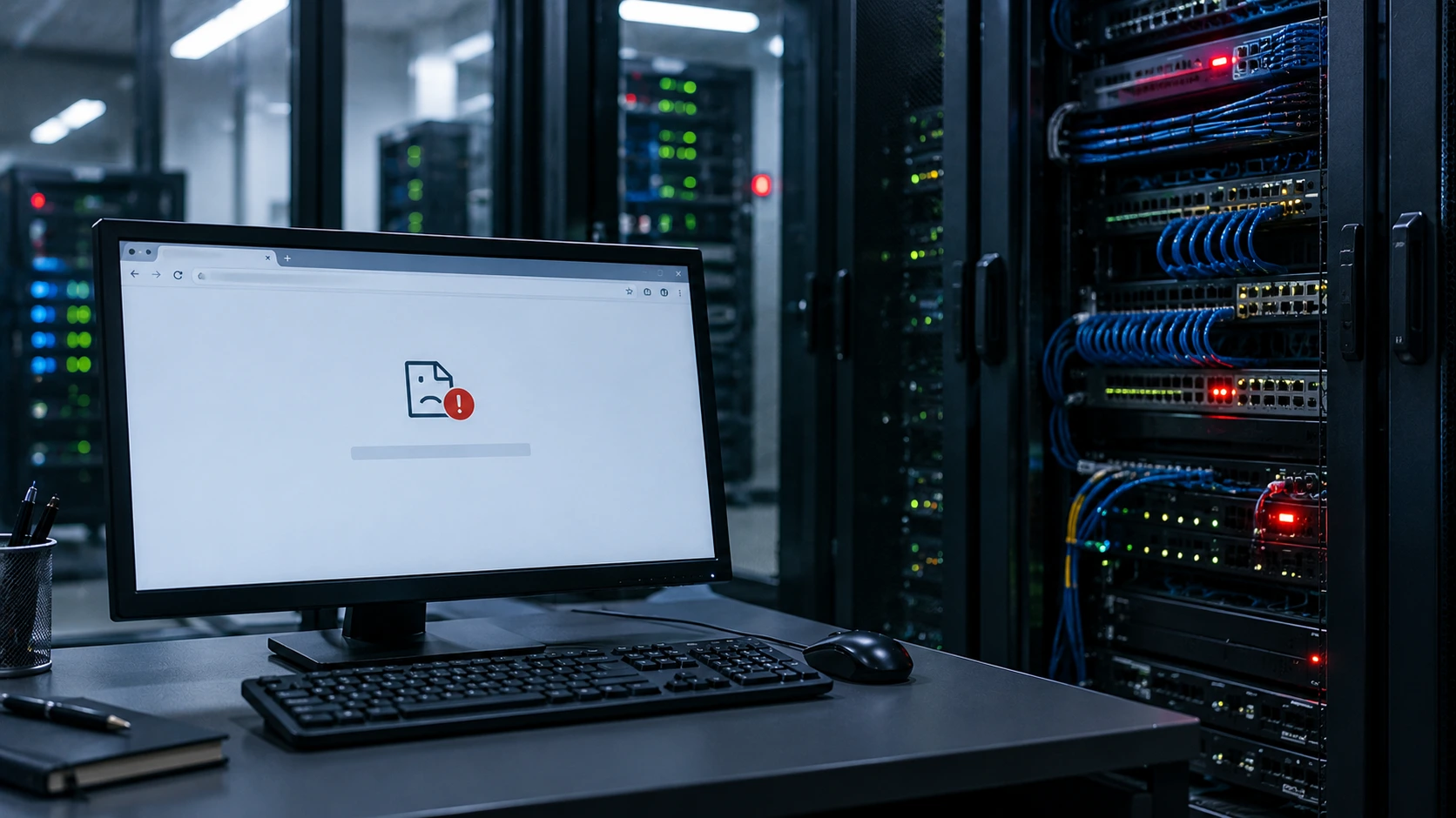Computer in a data center showing a website error page after a botnet DDoS attack overloaded the servers