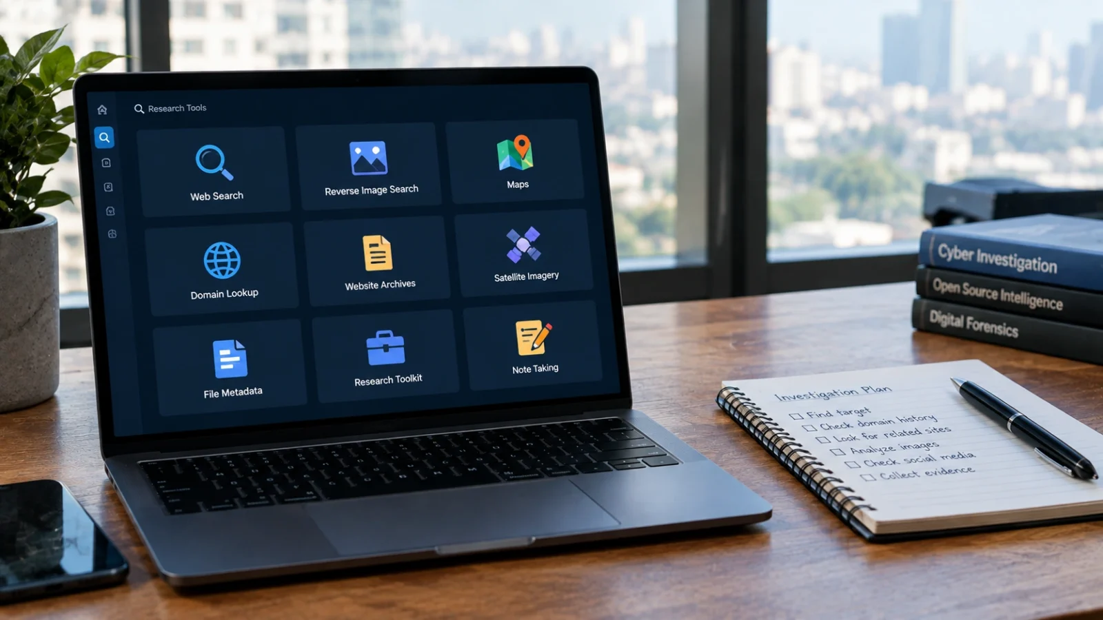 Free OSINT tools for beginners shown on a laptop: web search, reverse image search, maps, domain lookup, website archives, satellite imagery, file metadata, research toolkit, and note taking
