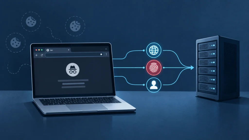 Diagram of how websites still track you in incognito mode: a laptop sends its IP address, a browser fingerprint, and account details to a website server