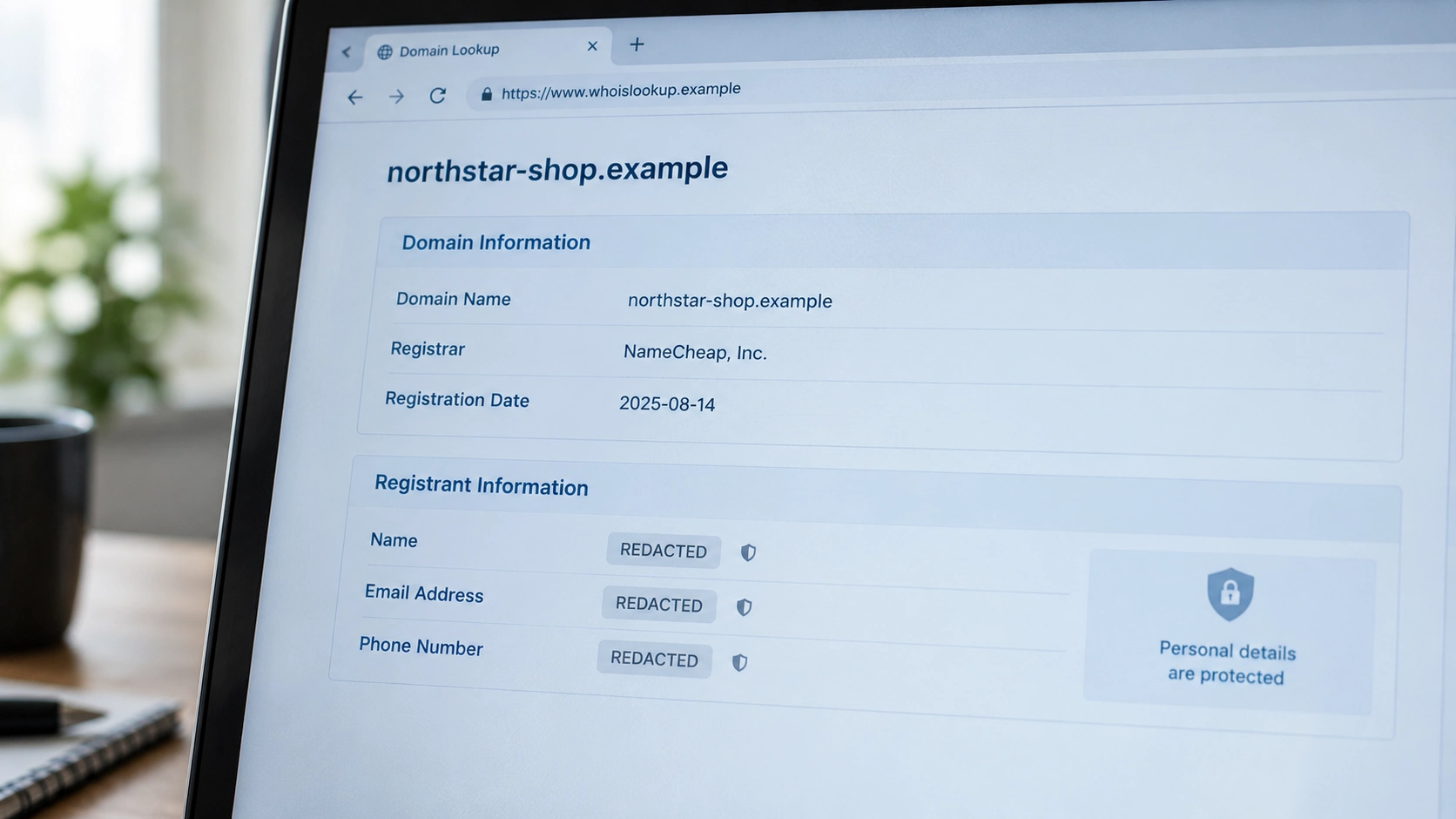 Domain lookup results showing the owner name, email address and phone number as redacted to protect personal privacy