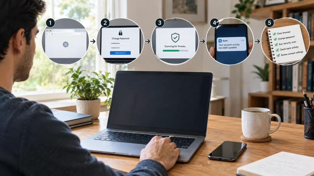Five steps after clicking a phishing link: close the browser, change your password, scan for threats, check bank activity and review account settings