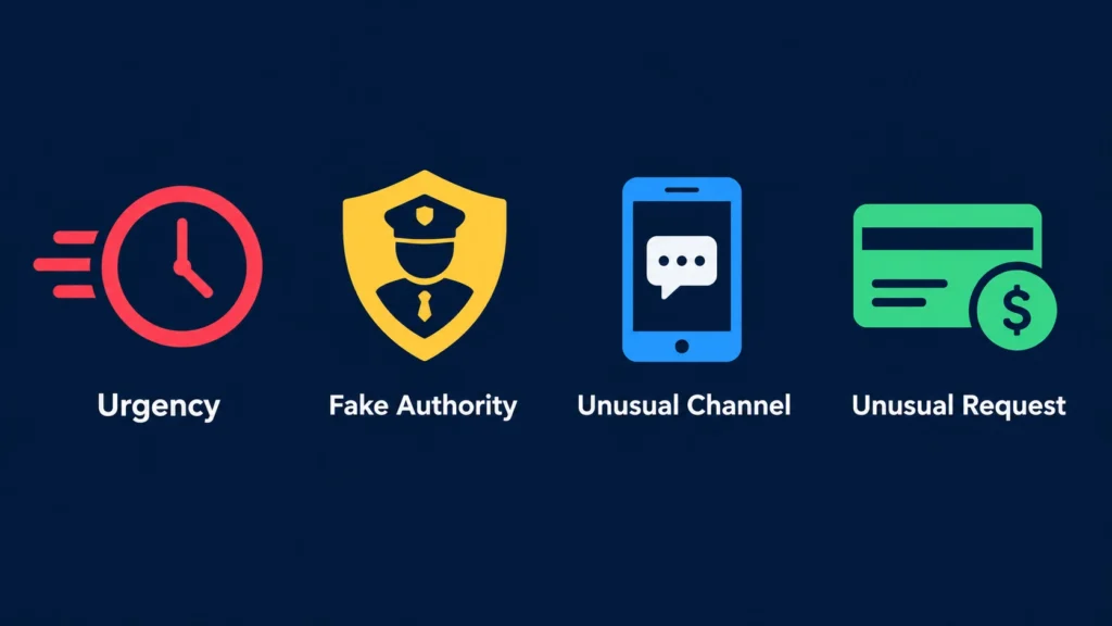 Four scam message warning signs shown as icons: a clock for urgency, a police badge for fake authority, a phone for an unusual channel, and a payment card for an unusual request