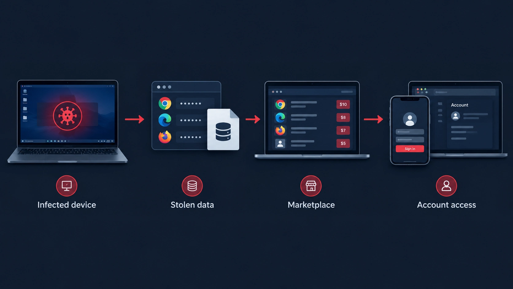 Four-stage session hijacking flow: infected device, stolen browser data, criminal marketplace selling logins, and account access