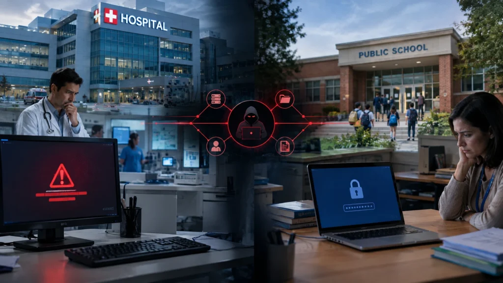 Hospital and school computers locked by a cyber attack, showing how data collected and stored about people can be stolen