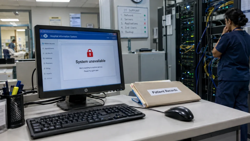 Hospital computer showing System unavailable with a red lock while a staff member checks the server room and paper patient records wait on the desk