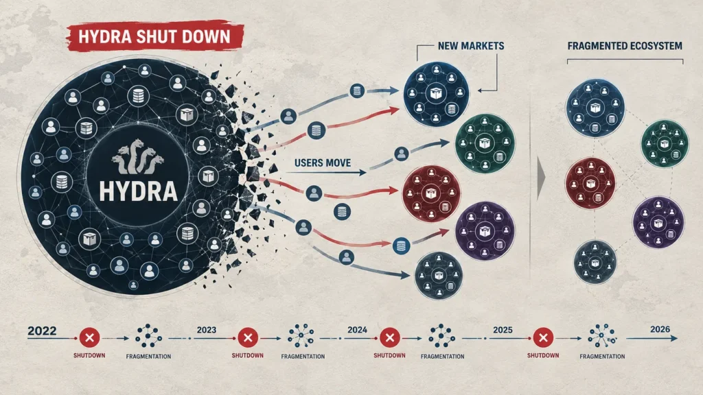 Diagram showing Hydra breaking apart after the 2022 shutdown and its users moving to many smaller darknet markets