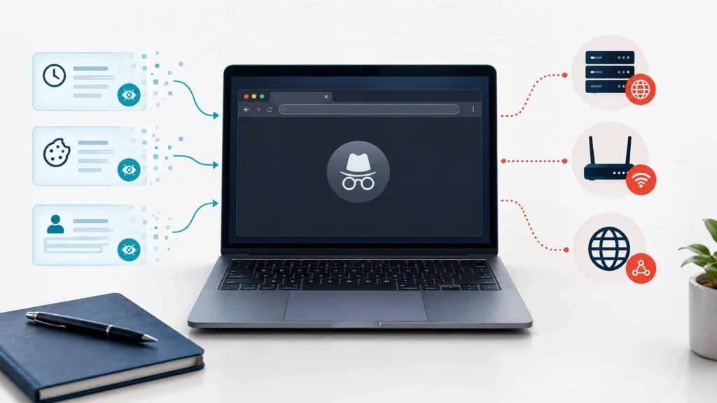 Is incognito mode private: a laptop in incognito mode with history, cookies, and form data hidden on one side, while servers, the Wi-Fi router, and websites can still see activity on the other