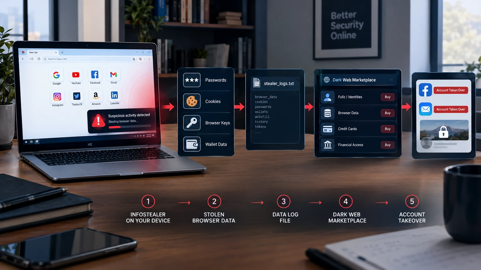 Infostealer to account takeover flow: infostealer malware on a device, stolen browser data, stealer log file, dark web marketplace, and account takeover