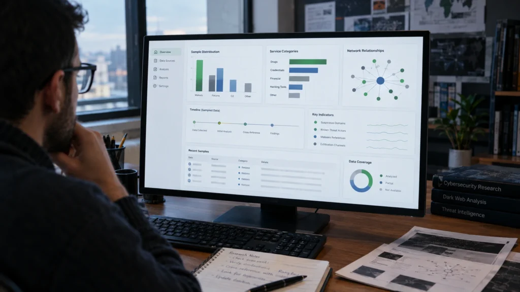 A researcher studying dark web data on a computer screen with charts of service categories, network links, and data coverage