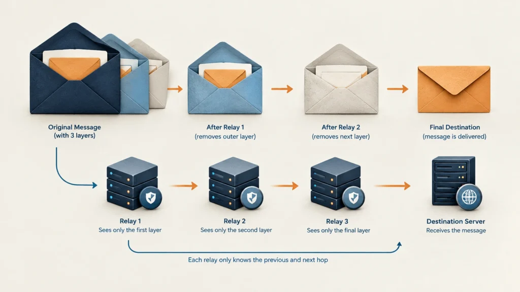Onion routing explained: each Tor relay removes one layer of encryption, like opening one envelope at a time