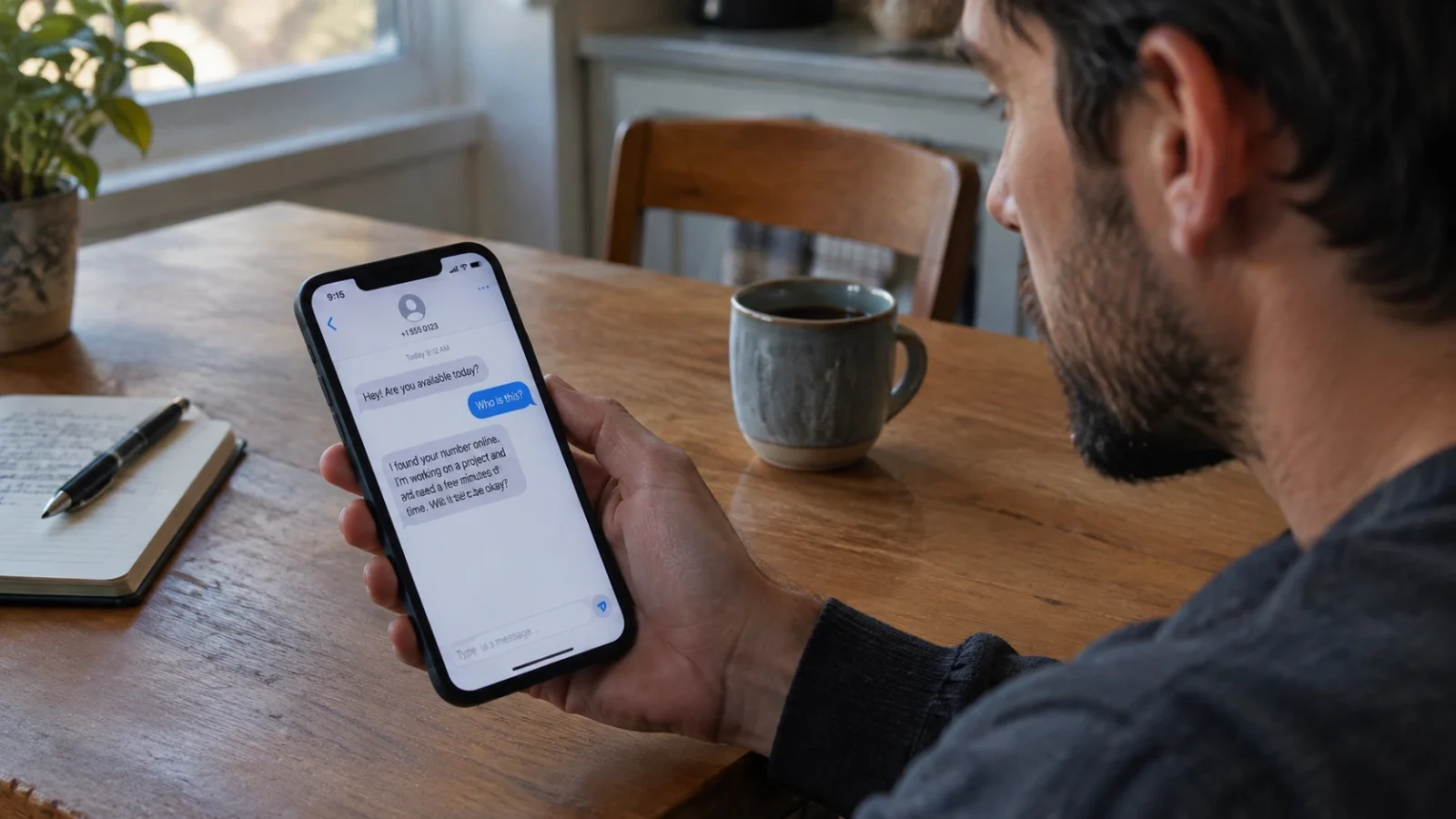 Man reading a friendly wrong-number text on his phone, the first step of a pig butchering scam