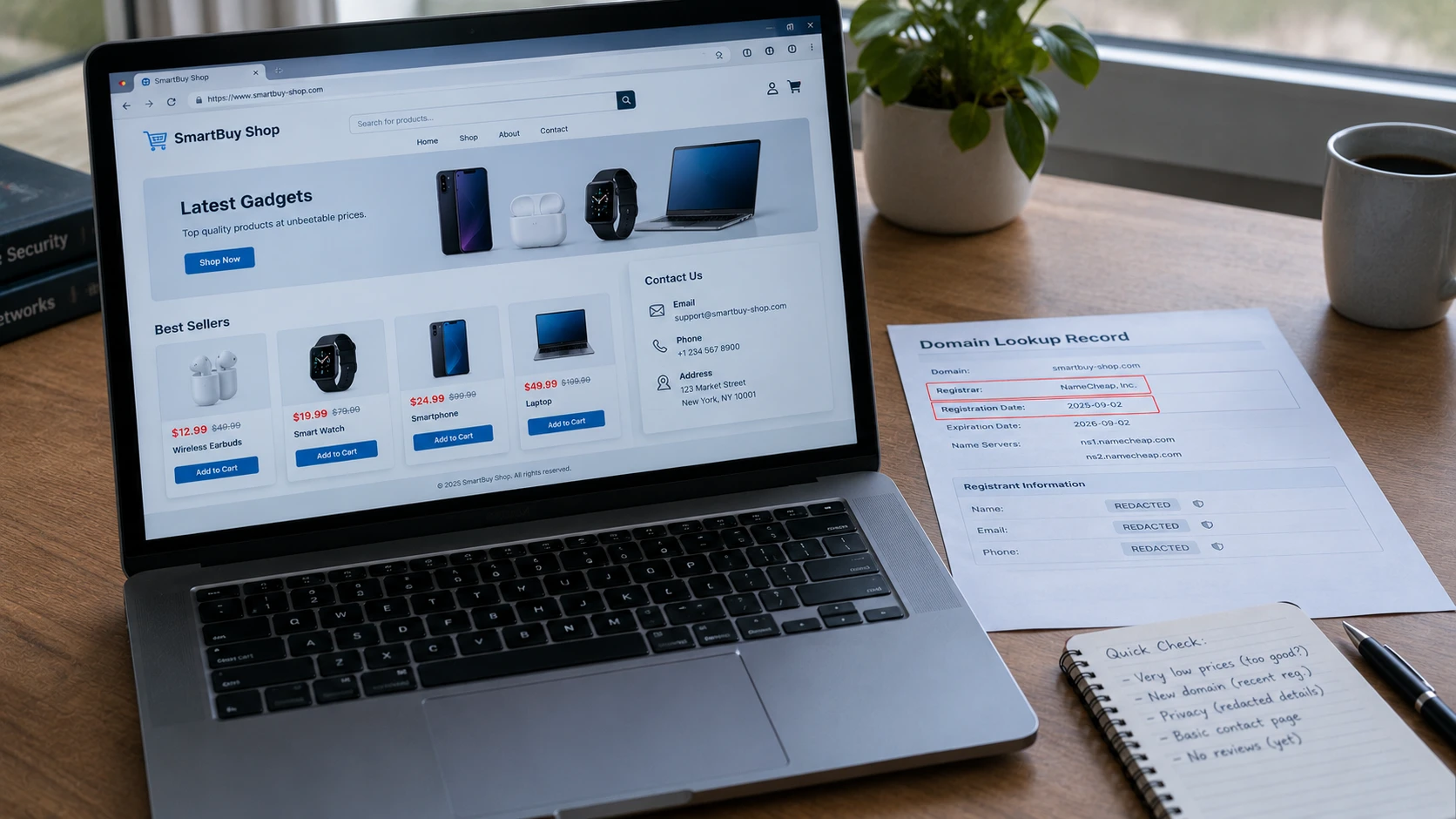 Laptop showing an online gadget shop with very low prices next to a printed domain lookup record and a quick check list for finding out who owns the website