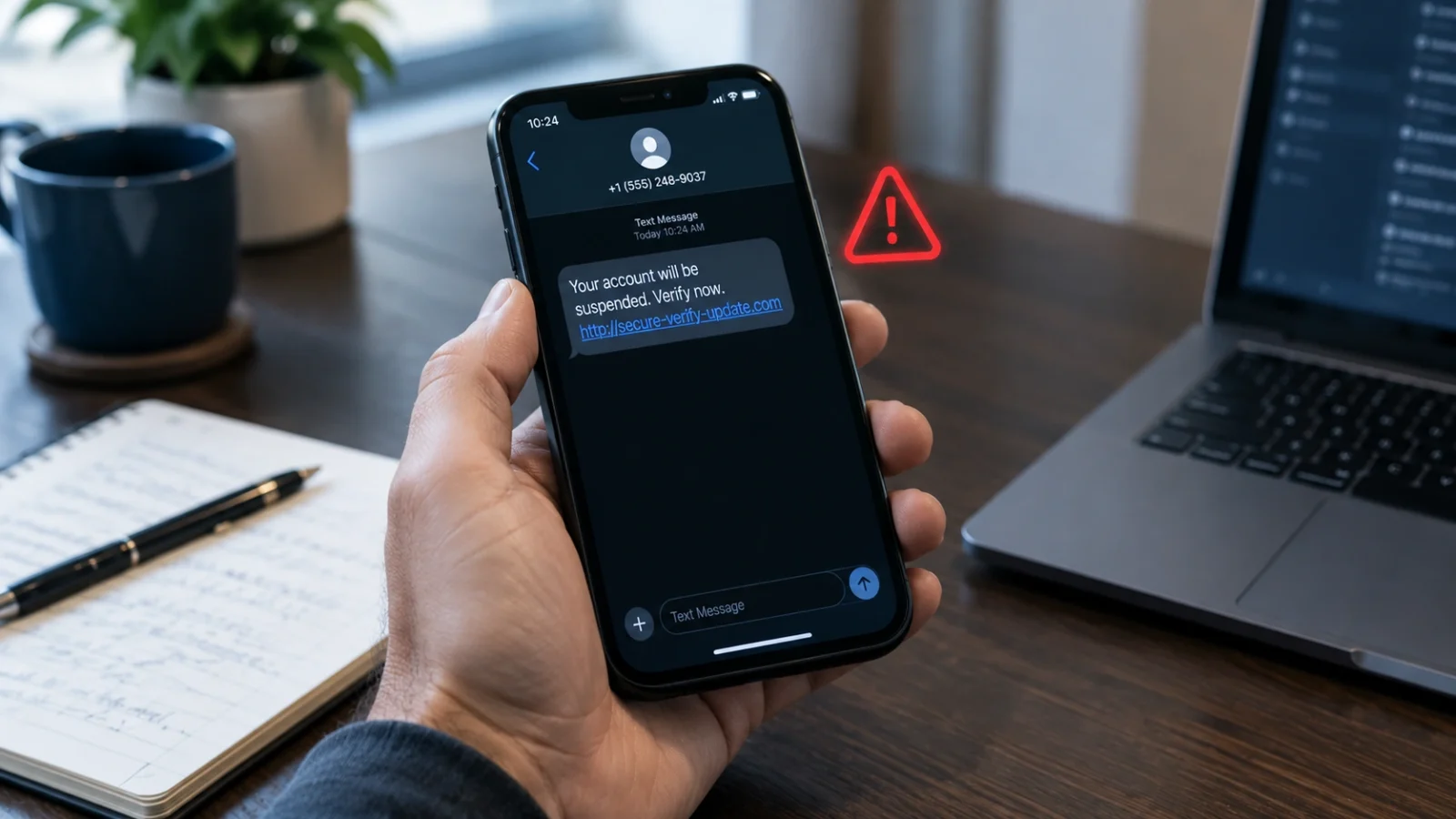 How to tell if a message is a scam: a hand holding a phone with a text that says the account will be suspended, next to a red warning sign