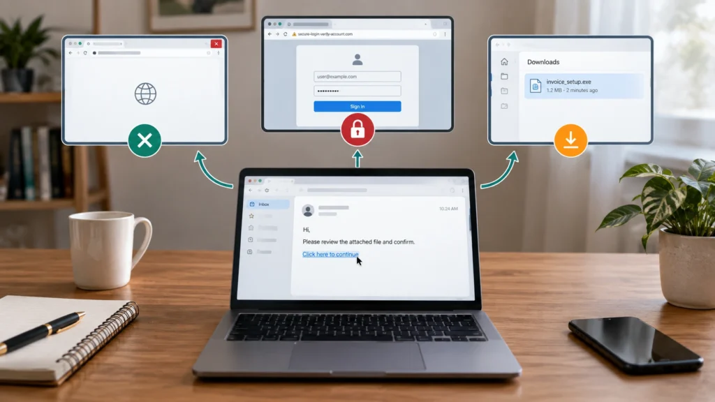 A phishing email link can lead to three outcomes: a page that does nothing, a fake login page that steals passwords, or a harmful file download