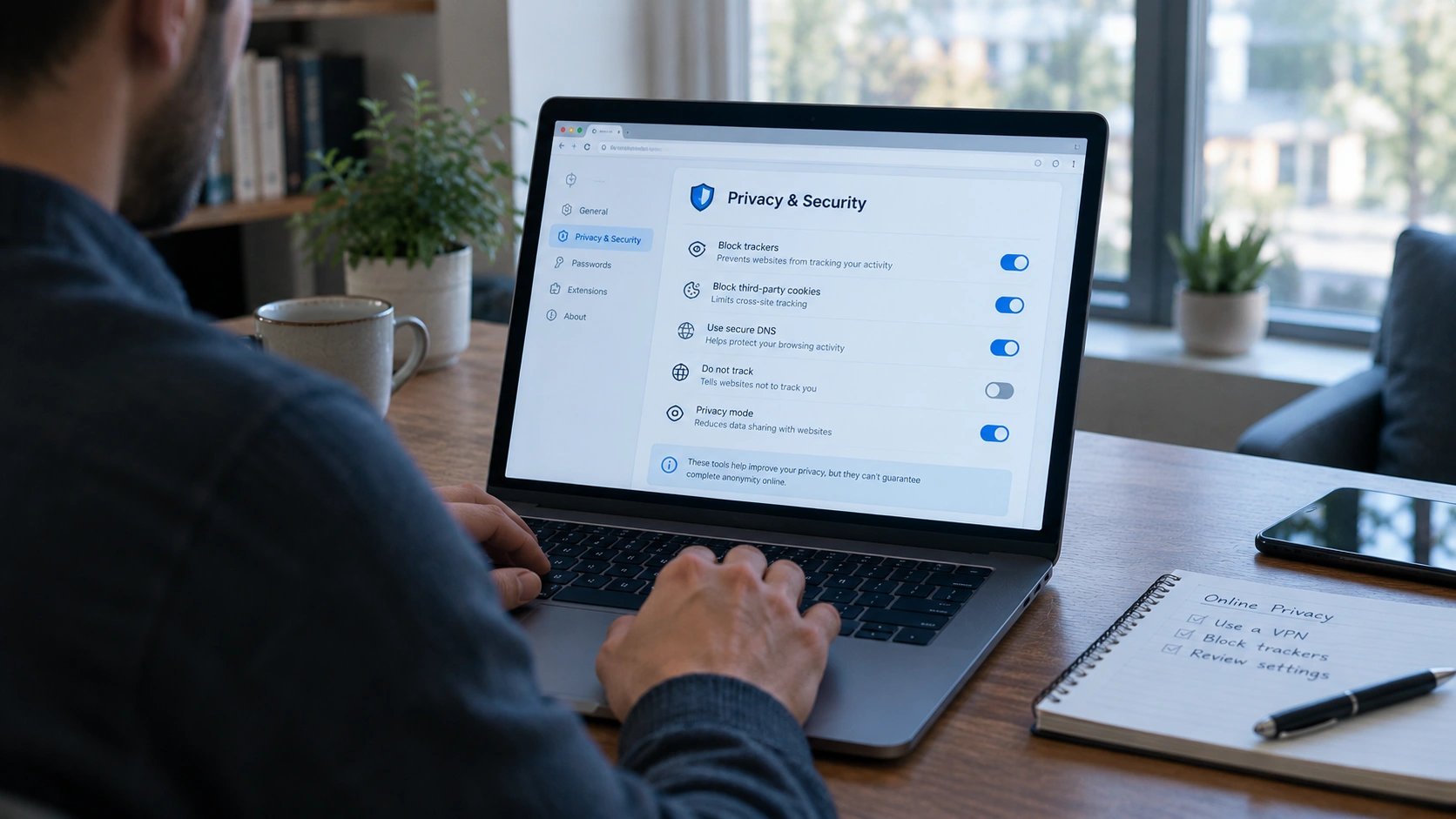 Person checking browser privacy and security settings with a notebook checklist for staying safe online
