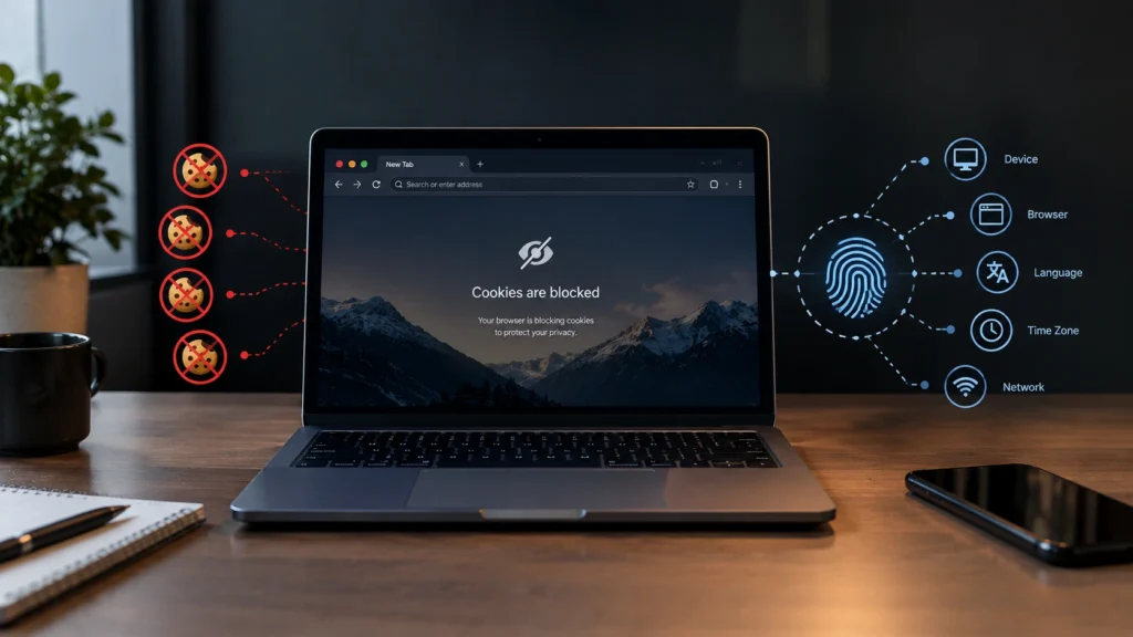 Blocking cookies is not enough: a laptop shows cookies are blocked while a fingerprint icon still collects device, browser, language, time zone and network details