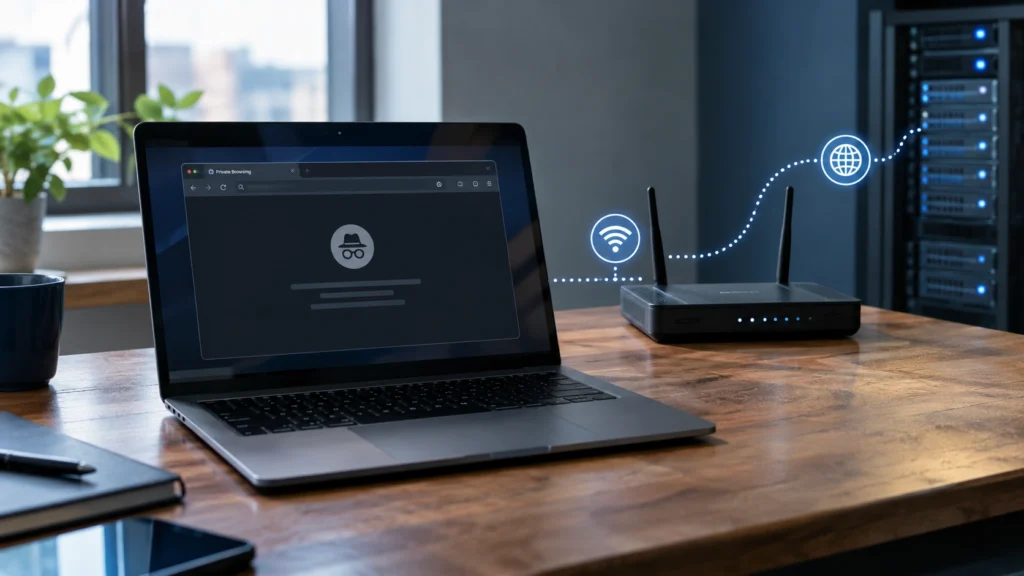 Laptop in incognito mode on a desk sending data through a Wi-Fi router to internet provider servers, showing that private browsing does not hide network activity