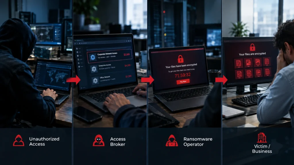 Ransomware attack chain shown in four steps: a hacker breaks in, an initial access broker sells network access, files are encrypted, and a worker sees a ransom screen