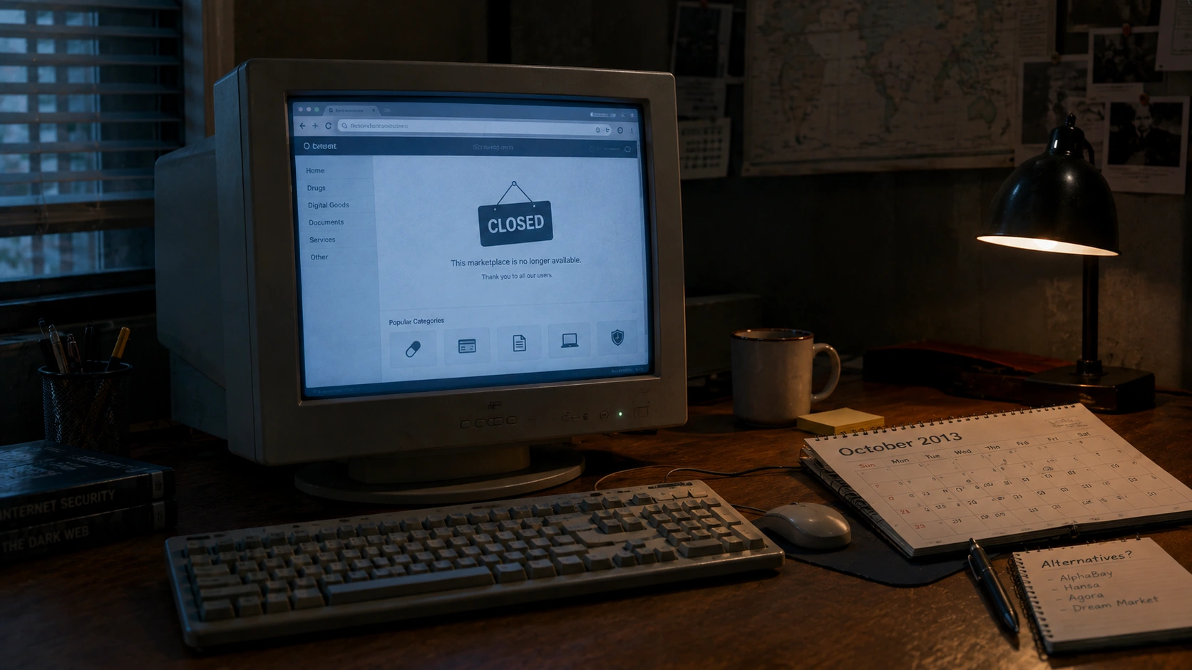 Old computer screen showing a closed dark web marketplace next to an October 2013 calendar and a note listing other markets, showing what happened after Silk Road closed