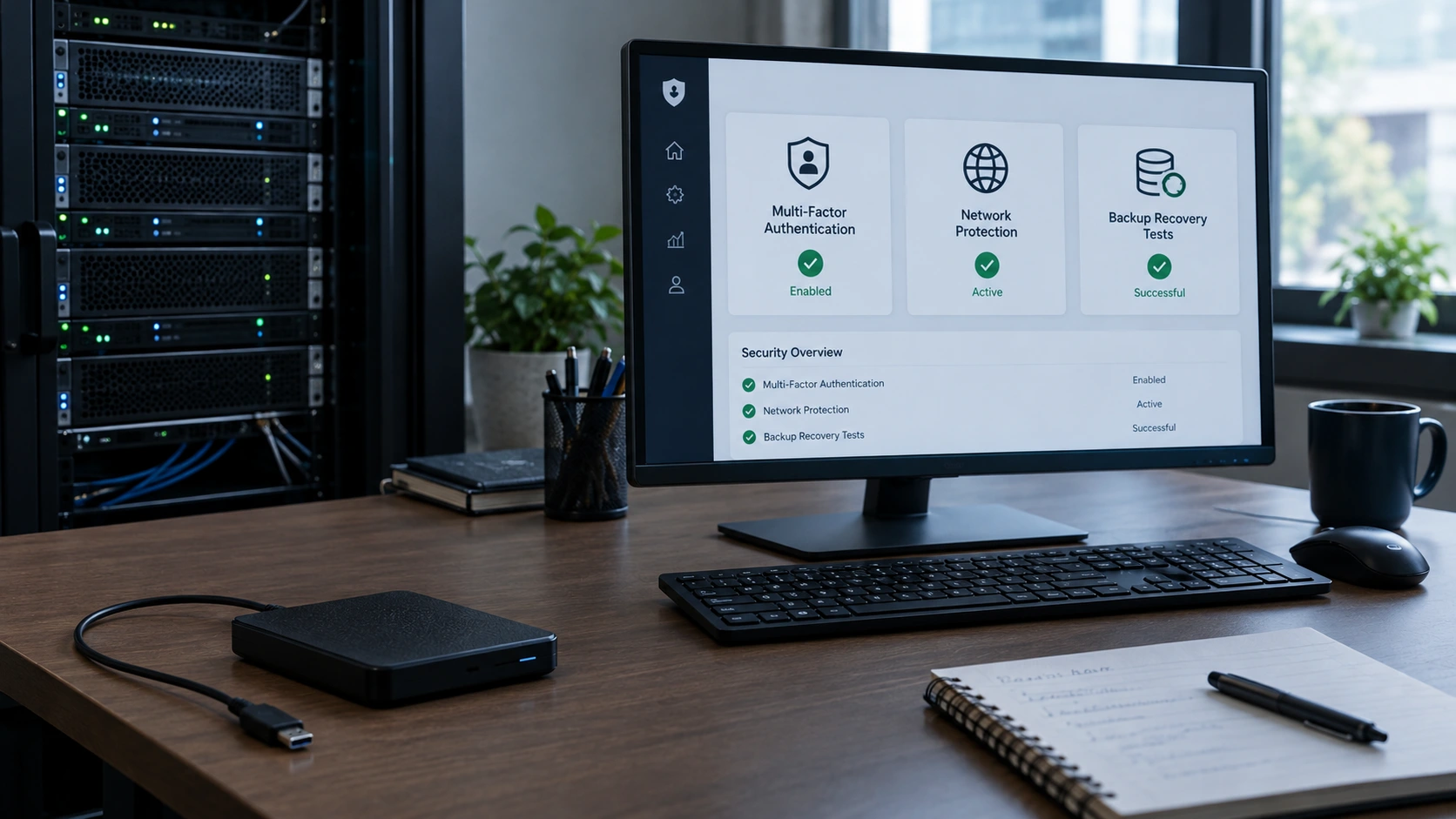 Security dashboard showing multi-factor authentication, network protection and backup checks for staying safe online